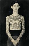 (TATTOO) A finely lit pair of real photo postcard portraits depicting a tattooed mans torso, both front and back.